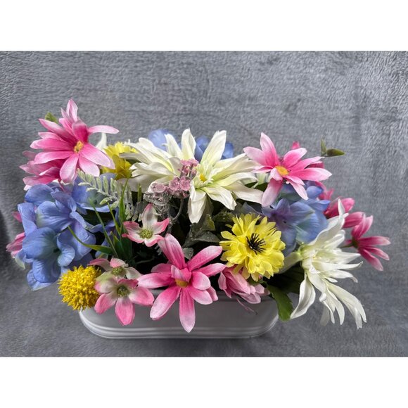 Artificial Floral Arrangement In White Metal Planter Pink Yellow Blue & White - Picture 2 of 5